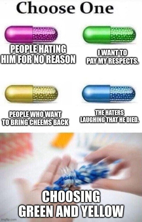 Choose a pill | I WANT TO PAY MY RESPECTS. PEOPLE HATING HIM FOR NO REASON; PEOPLE WHO WANT TO BRING CHEEMS BACK; THE HATERS LAUGHING THAT HE DIED. CHOOSING GREEN AND YELLOW | image tagged in cheems | made w/ Imgflip meme maker