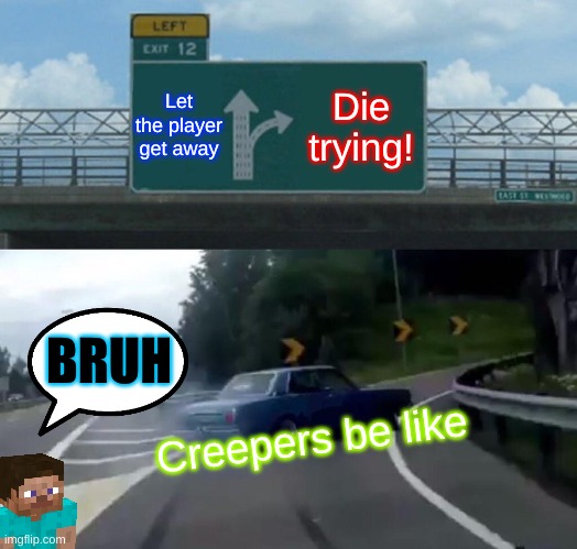 Minecraft creepers be like> | Let the player get away; Die trying! BRUH; Creepers be like | image tagged in memes,left exit 12 off ramp | made w/ Imgflip meme maker