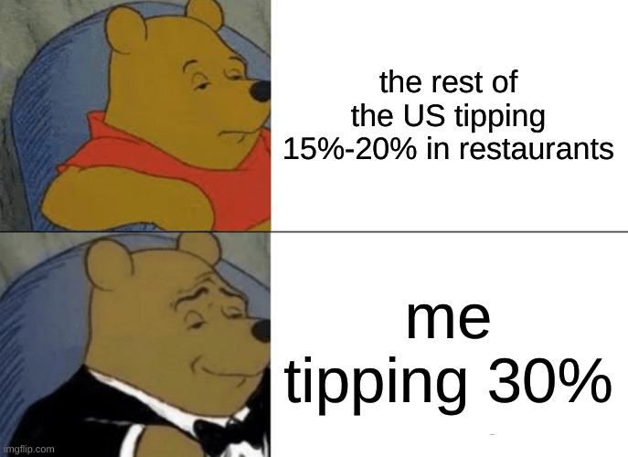 facts | the rest of the US tipping 15%-20% in restaurants; me tipping 30% | image tagged in memes,tuxedo winnie the pooh | made w/ Imgflip meme maker