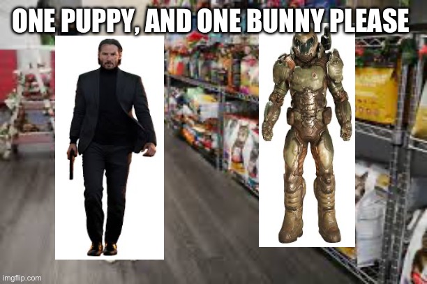 Sorry it’s so low effort it’s my first meme :p | ONE PUPPY, AND ONE BUNNY PLEASE | image tagged in doomguy,john wick,pet humor | made w/ Imgflip meme maker