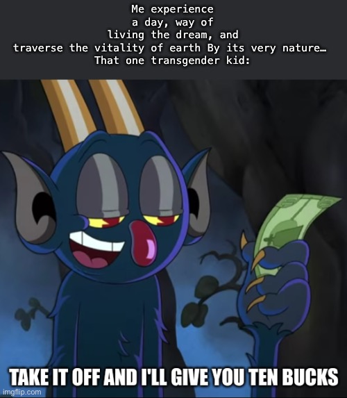 Sir, they have fallen again | Me experience a day, way of living the dream, and traverse the vitality of earth By its very nature… 


That one transgender kid: | image tagged in take it off and i'll give you ten bucks | made w/ Imgflip meme maker