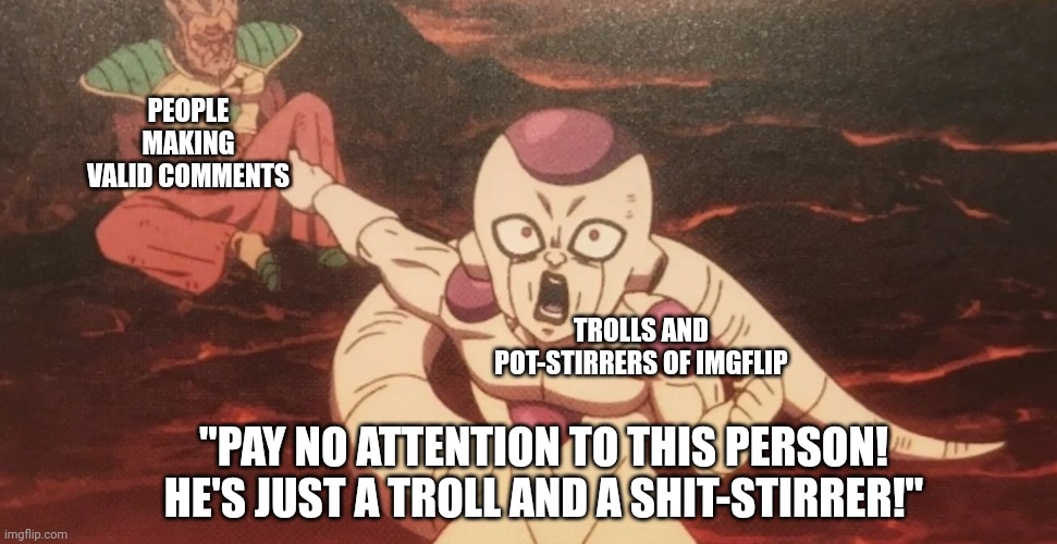 Bruh, what?! | PEOPLE MAKING VALID COMMENTS; TROLLS AND POT-STIRRERS OF IMGFLIP; "PAY NO ATTENTION TO THIS PERSON! HE'S JUST A TROLL AND A SHIT-STIRRER!" | image tagged in frieza pointing at paragus,internet trolls | made w/ Imgflip meme maker