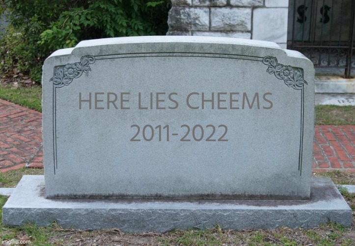 Gravestone | HERE LIES CHEEMS 2011-2022 | image tagged in gravestone | made w/ Imgflip meme maker