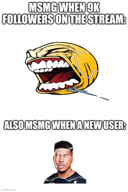 MSMG WHEN 9K FOLLOWERS ON THE STREAM:; ALSO MSMG WHEN A NEW USER: | made w/ Imgflip meme maker