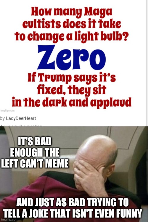 I Don't Get It | IT'S BAD ENOUGH THE LEFT CAN'T MEME; AND JUST AS BAD TRYING TO TELL A JOKE THAT ISN'T EVEN FUNNY | image tagged in captain picard facepalm,leftists,deer,liberals,lady,democrats | made w/ Imgflip meme maker