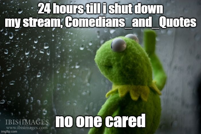 its been up for 6 months | 24 hours till i shut down my stream, Comedians_and_Quotes; no one cared | image tagged in kermit window,sad,streams | made w/ Imgflip meme maker