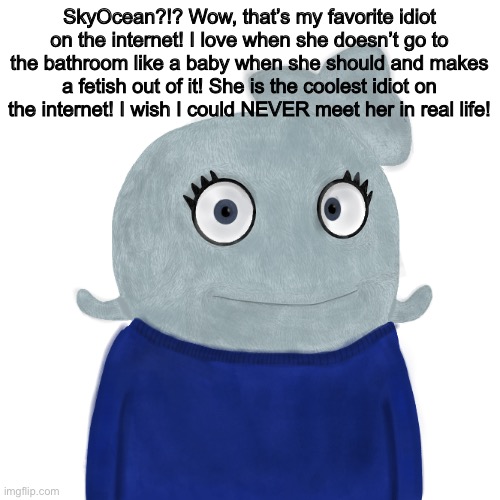 SkyOcean copypasta | SkyOcean?!? Wow, that’s my favorite idiot on the internet! I love when she doesn’t go to the bathroom like a baby when she should and makes a fetish out of it! She is the coolest idiot on the internet! I wish I could NEVER meet her in real life! | image tagged in blueworld twitter | made w/ Imgflip meme maker