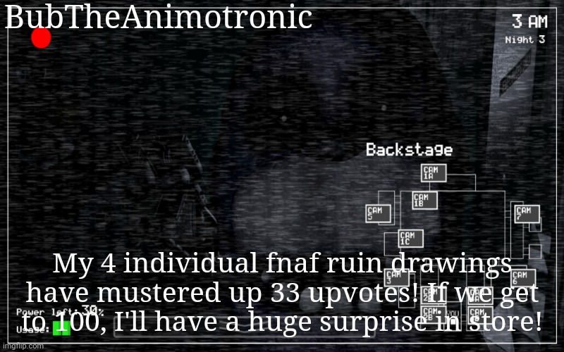 It'll take awhile to draw, but I'm starting it very soon! | BubTheAnimotronic; My 4 individual fnaf ruin drawings have mustered up 33 upvotes! If we get to 100, I'll have a huge surprise in store! | image tagged in announcement template | made w/ Imgflip meme maker