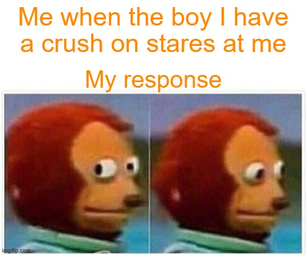 Monkey Puppet Meme | Me when the boy I have a crush on stares at me; My response | image tagged in memes,monkey puppet | made w/ Imgflip meme maker