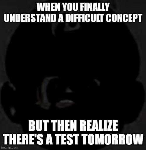 Ai made this. | WHEN YOU FINALLY UNDERSTAND A DIFFICULT CONCEPT; BUT THEN REALIZE THERE'S A TEST TOMORROW | image tagged in cursed black mario 2 | made w/ Imgflip meme maker