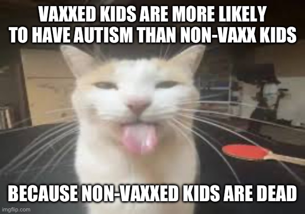 Cat | VAXXED KIDS ARE MORE LIKELY TO HAVE AUTISM THAN NON-VAXX KIDS; BECAUSE NON-VAXXED KIDS ARE DEAD | image tagged in cat | made w/ Imgflip meme maker