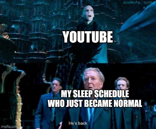 He's back | YOUTUBE; MY SLEEP SCHEDULE WHO JUST BECAME NORMAL | image tagged in he's back | made w/ Imgflip meme maker