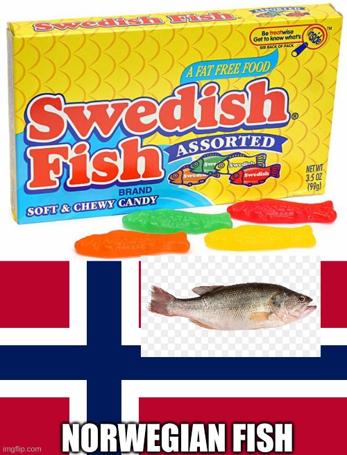 NORWEGIAN FISH | image tagged in swedish fish,norwegian flag | made w/ Imgflip meme maker