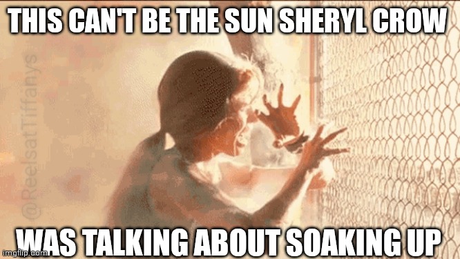Soak up the sun | THIS CAN'T BE THE SUN SHERYL CROW; WAS TALKING ABOUT SOAKING UP | image tagged in heatwave,hot,summer,too hot,sunburn | made w/ Imgflip meme maker