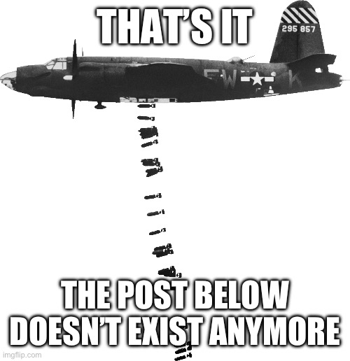 Bomber dropping bombs on post below | THAT’S IT; THE POST BELOW DOESN’T EXIST ANYMORE | image tagged in bomber dropping bombs on post below | made w/ Imgflip meme maker