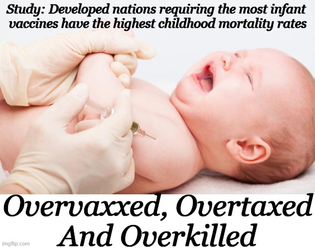 Experimenting on Innocent Babies is EVIL! | Study: Developed nations requiring the most infant 
vaccines have the highest childhood mortality rates; Overvaxxed, Overtaxed
And Overkilled | image tagged in politics,cdc,nih,fda,dr fauci,vaccines | made w/ Imgflip meme maker