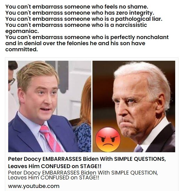 You can't embarrass someone who feels no shame. | image tagged in creepy joe biden,gaslighting,peter doocy,stupid democrats,special kind of stupid,special education | made w/ Imgflip meme maker