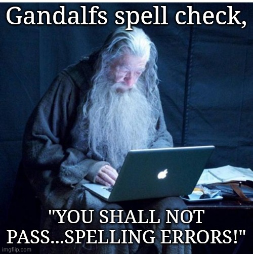 Gandalf Checks His Email | Gandalfs spell check, "YOU SHALL NOT PASS...SPELLING ERRORS!" | image tagged in gandalf checks his email | made w/ Imgflip meme maker