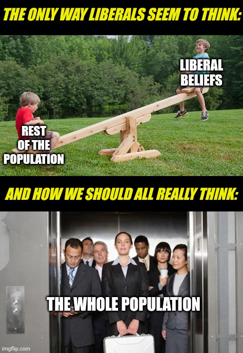 Life is an elevator, not a seesaw. You cannot punish ANY demographic in order to elevate another demographic... | THE ONLY WAY LIBERALS SEEM TO THINK:; LIBERAL BELIEFS; REST OF THE POPULATION; AND HOW WE SHOULD ALL REALLY THINK:; THE WHOLE POPULATION | image tagged in seesaw,elevator,real life,liberal logic,expectation vs reality,the truth hurts | made w/ Imgflip meme maker