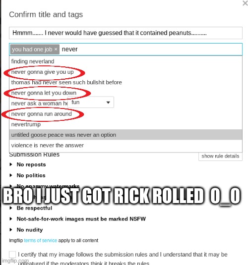 I was searching for a stream to post my meme in and this happened, Lmao | BRO I JUST GOT RICK ROLLED  0_0 | image tagged in rickroll,certified bruh moment | made w/ Imgflip meme maker