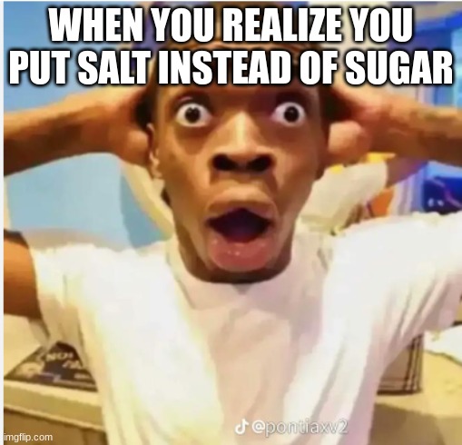 Culinary class | WHEN YOU REALIZE YOU PUT SALT INSTEAD OF SUGAR | image tagged in cooking | made w/ Imgflip meme maker