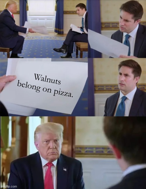 walnuts? ur nuts | Walnuts belong on pizza. | image tagged in trump interview | made w/ Imgflip meme maker