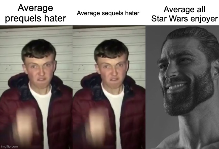 Yes, I enjoy all Star Wars, how could you tell | Average prequels hater; Average sequels hater; Average all Star Wars enjoyer | image tagged in average fan vs average fan vs average enjoyer | made w/ Imgflip meme maker