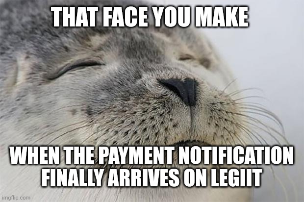 Satisfied Seal | THAT FACE YOU MAKE; WHEN THE PAYMENT NOTIFICATION FINALLY ARRIVES ON LEGIIT | image tagged in memes,satisfied seal | made w/ Imgflip meme maker