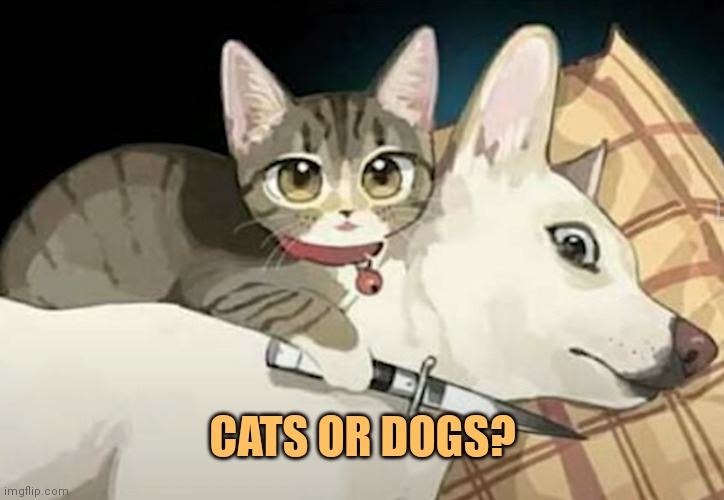 Cat Holding Dog Hostage Art | CATS OR DOGS? | image tagged in cat holding dog hostage art | made w/ Imgflip meme maker