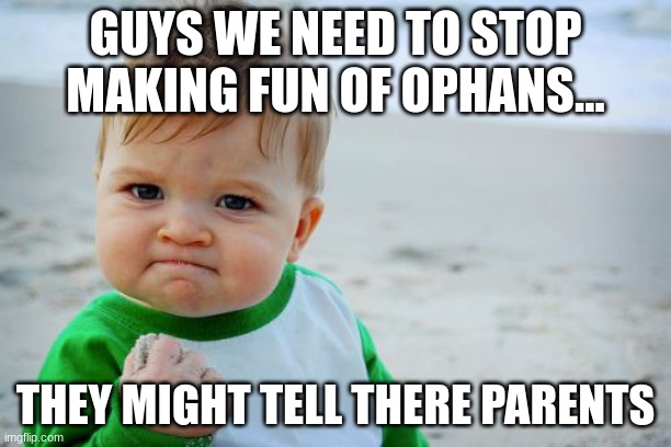 Success Kid Original Meme | GUYS WE NEED TO STOP MAKING FUN OF OPHANS... THEY MIGHT TELL THERE PARENTS | image tagged in memes,success kid original | made w/ Imgflip meme maker