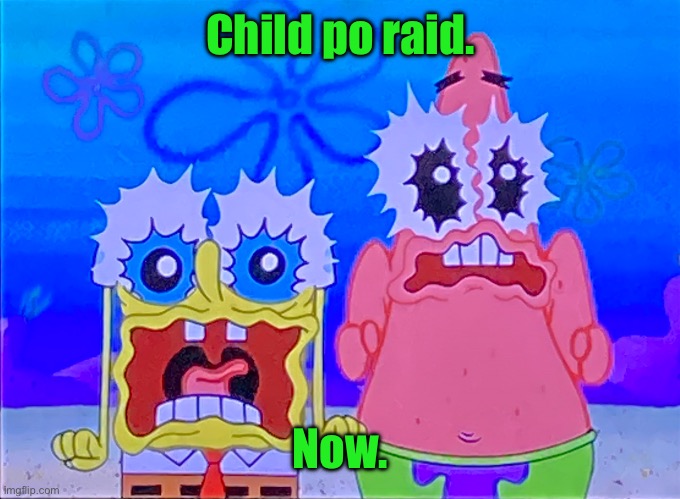 Scare spongboob and patrichard | Child po raid. Now. | image tagged in scare spongboob and patrichard | made w/ Imgflip meme maker