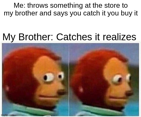 Monkey Puppet | Me: throws something at the store to my brother and says you catch it you buy it; My Brother: Catches it realizes | image tagged in memes,monkey puppet | made w/ Imgflip meme maker