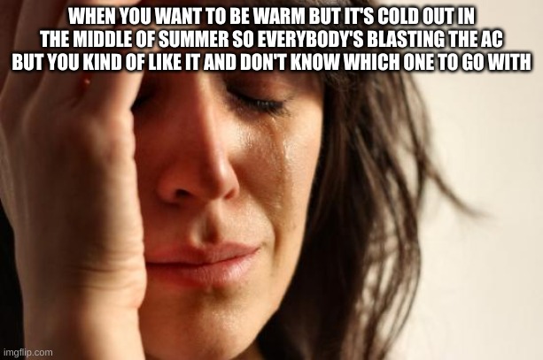 argh | WHEN YOU WANT TO BE WARM BUT IT'S COLD OUT IN THE MIDDLE OF SUMMER SO EVERYBODY'S BLASTING THE AC BUT YOU KIND OF LIKE IT AND DON'T KNOW WHICH ONE TO GO WITH | image tagged in memes,first world problems | made w/ Imgflip meme maker