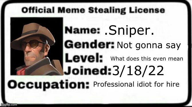 Meme stealing license or something | .Sniper. Not gonna say; What does this even mean; 3/18/22; Professional idiot for hire | image tagged in meme stealing license | made w/ Imgflip meme maker