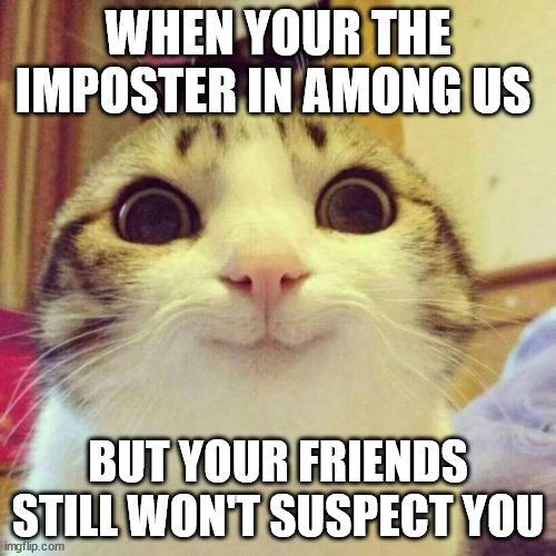 not so sus | WHEN YOUR THE IMPOSTER IN AMONG US; BUT YOUR FRIENDS STILL WON'T SUSPECT YOU | image tagged in memes,smiling cat,among us | made w/ Imgflip meme maker