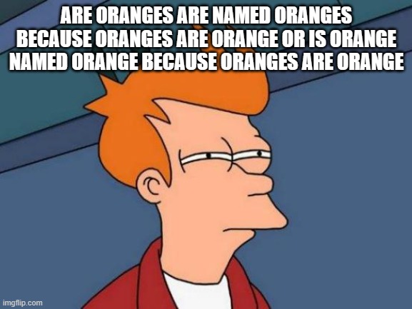 Futurama Fry | ARE ORANGES ARE NAMED ORANGES BECAUSE ORANGES ARE ORANGE OR IS ORANGE NAMED ORANGE BECAUSE ORANGES ARE ORANGE | image tagged in memes,futurama fry | made w/ Imgflip meme maker