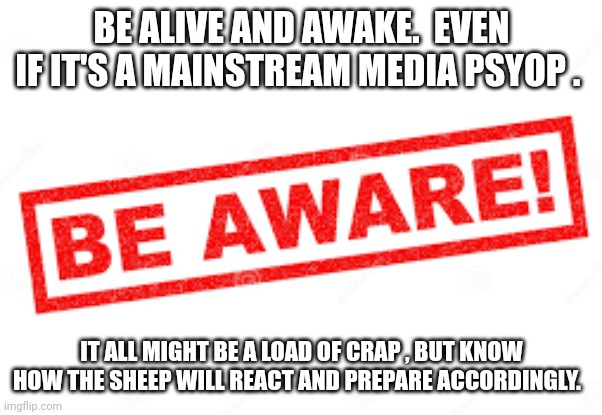 be aware | BE ALIVE AND AWAKE.  EVEN IF IT'S A MAINSTREAM MEDIA PSYOP . IT ALL MIGHT BE A LOAD OF CRAP , BUT KNOW HOW THE SHEEP WILL REACT AND PREPARE ACCORDINGLY. | image tagged in memes | made w/ Imgflip meme maker