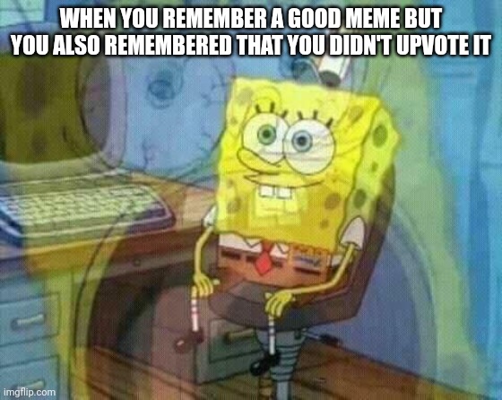 . | WHEN YOU REMEMBER A GOOD MEME BUT YOU ALSO REMEMBERED THAT YOU DIDN'T UPVOTE IT | image tagged in spongebob panic inside | made w/ Imgflip meme maker