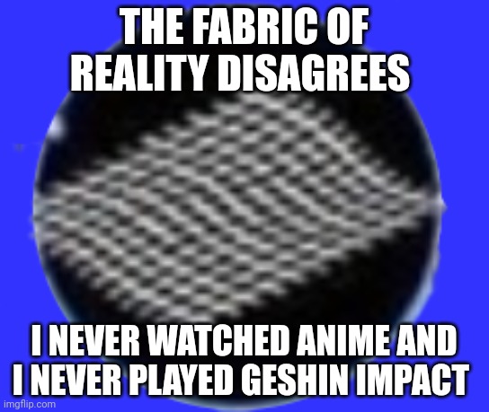 Fabric Of Reality | THE FABRIC OF REALITY DISAGREES I NEVER WATCHED ANIME AND I NEVER PLAYED GESHIN IMPACT | image tagged in fabric of reality | made w/ Imgflip meme maker