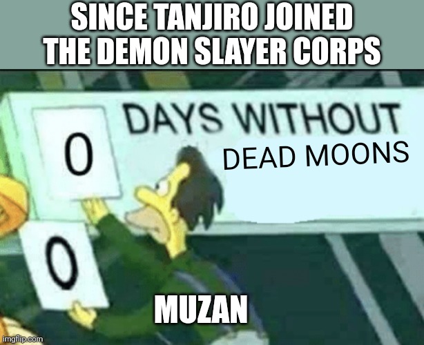 Every other week for Muzan be like: | SINCE TANJIRO JOINED THE DEMON SLAYER CORPS; DEAD MOONS; MUZAN | image tagged in 0 days without lenny simpsons,demon slayer,anime | made w/ Imgflip meme maker