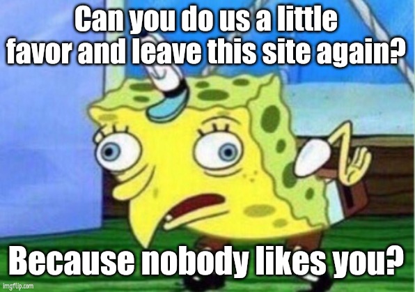 Can you do us a little favor and leave this site again? Because nobody likes you? | image tagged in memes,mocking spongebob | made w/ Imgflip meme maker