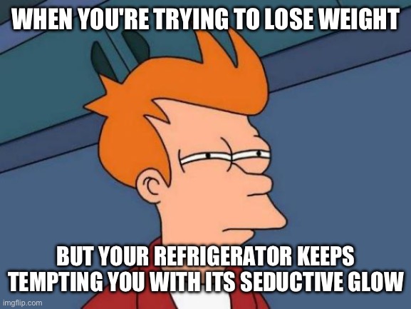 Ok I’m gonna try to get to the front page with a AI meme let’s gooooo | WHEN YOU'RE TRYING TO LOSE WEIGHT; BUT YOUR REFRIGERATOR KEEPS TEMPTING YOU WITH ITS SEDUCTIVE GLOW | image tagged in memes,futurama fry | made w/ Imgflip meme maker