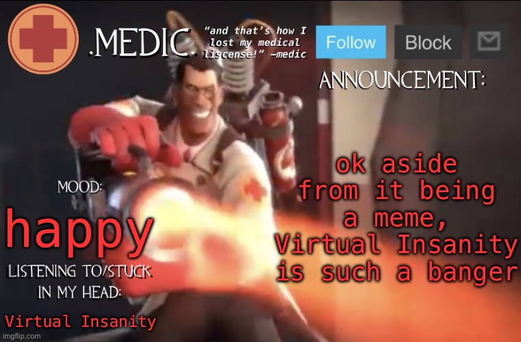 .Medic. Announcement Template | ok aside from it being a meme, Virtual Insanity is such a banger; happy; Virtual Insanity | image tagged in medic announcement template | made w/ Imgflip meme maker