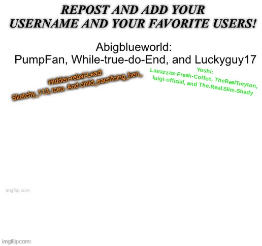 Yoshi:
Lavazzas-Fresh-Coffee, TheRealTreyton, luigi-official, and The.Real.Slim.Shady | made w/ Imgflip meme maker