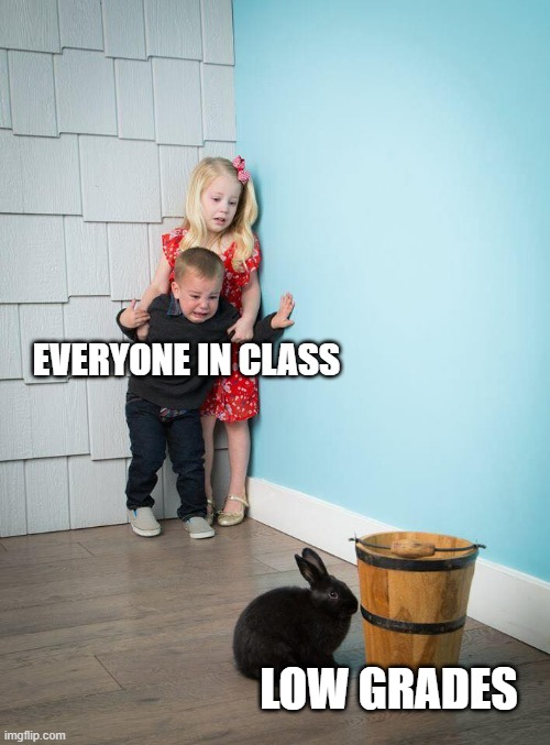 Learners be like | EVERYONE IN CLASS; LOW GRADES | image tagged in kids afraid of rabbit | made w/ Imgflip meme maker