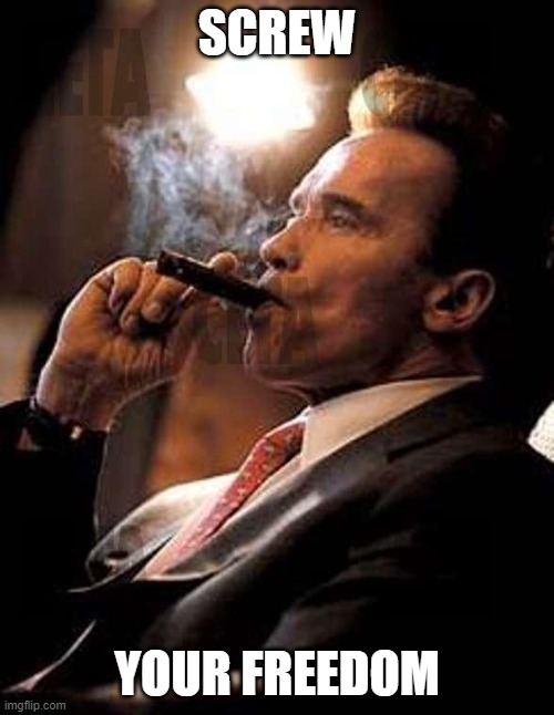 Screw your freedoms Arnold | SCREW; YOUR FREEDOM | image tagged in arnold cigar | made w/ Imgflip meme maker