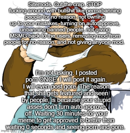 literally me | Sitemods. Cut the crap. STOP fucking around with bullshit like permabanning people for no reason, not owning up to your mistakes, turning on auto approve, unbanning banned people, not giving MSMG back to the users, removing mod from people for no reason, and not giving anyone mod. I'm not asking. I posted porn ONCE. I will post it again. I will even post gore. The reason that shit gets featured and seen by people, is because your stupid asses don't turn auto approve off. Waiting 30 minutes for your meme to get approved is better than waiting 0 seconds and seeing porn and gore. | image tagged in literally me | made w/ Imgflip meme maker