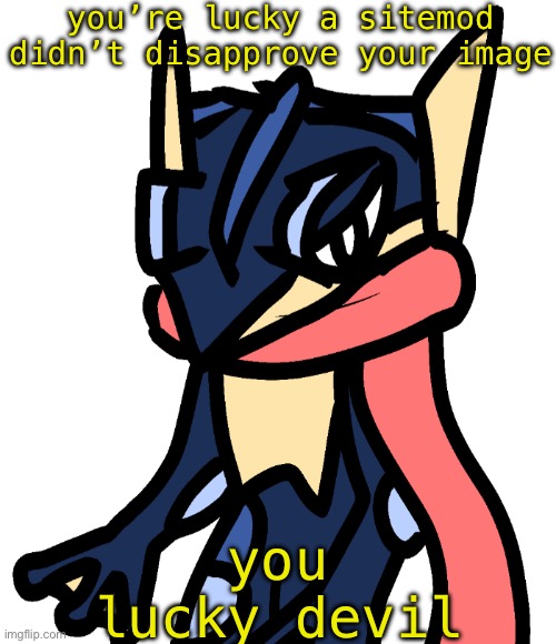 Greninja (drawn by Nugget) | you’re lucky a sitemod didn’t disapprove your image; you lucky devil | image tagged in greninja drawn by nugget | made w/ Imgflip meme maker