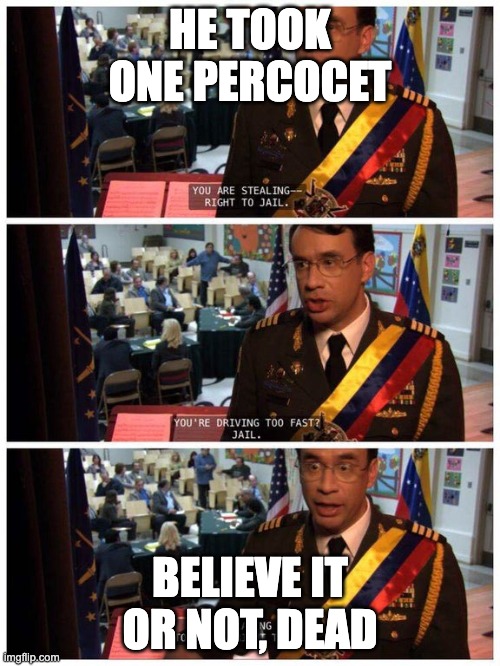 Believe it or not Jail | HE TOOK ONE PERCOCET; BELIEVE IT OR NOT, DEAD | image tagged in believe it or not jail | made w/ Imgflip meme maker