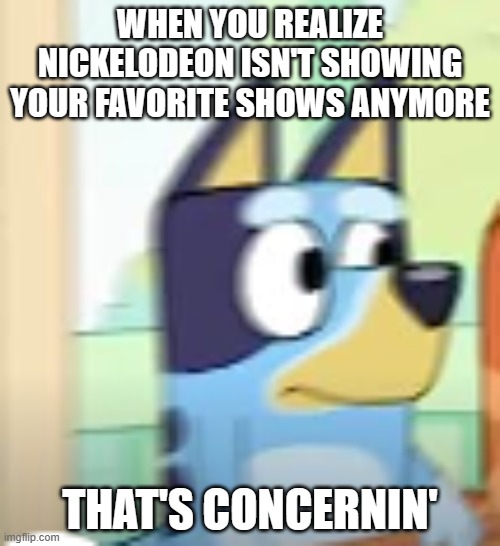 noooooo | WHEN YOU REALIZE NICKELODEON ISN'T SHOWING YOUR FAVORITE SHOWS ANYMORE; THAT'S CONCERNIN' | image tagged in bluey concerned,ai meme | made w/ Imgflip meme maker